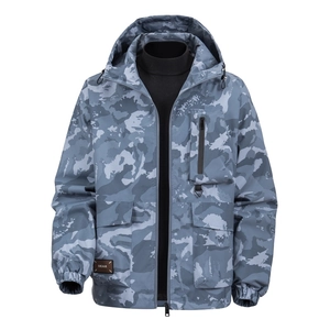 Men's blue camouflage hooded outdoor jacket with windproof fabric and multiple utility pockets