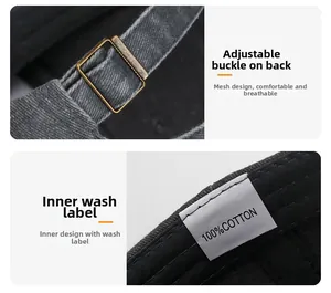 Detail of adjustable brass buckle and 100% cotton wash label on washed baseball cap