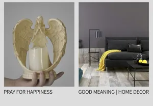 Macro detail of angel wing sculpture and candle holder showing size and home decor style