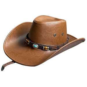 Retro dark brown wide brim western cowboy hat with turquoise bead band and wind rope