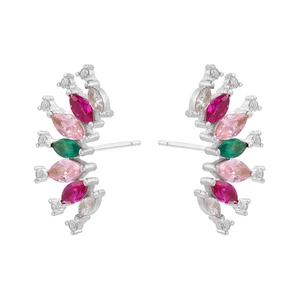 Detail view of silver fan earrings with colorful marquise-cut gems and micro diamonds