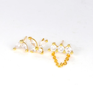 Golden butterfly and zircon stainless steel earring set with delicate hanging chain detail