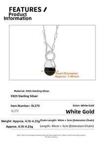 Detail view of S925 sterling silver necklace with black agate pearl and size specifications