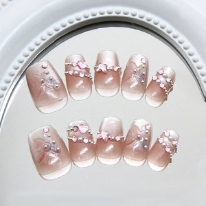 Sparkling butterfly gradient cat-eye press-on nails with luxury rhinestones and pearls