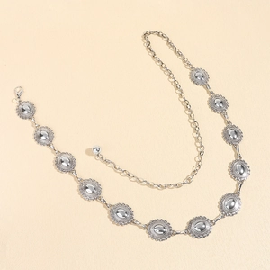 Silver metal waist chain featuring butterfly turquoise and crystal flower design for dresses