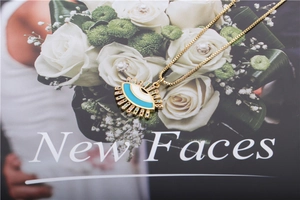 Detailed view of Turkish evil eye pendant necklace with colorful gems on a white floral background