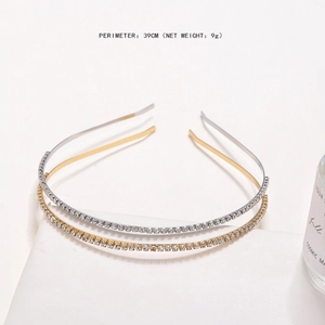 Detail view of gold and silver slim headbands with rhinestones and 39cm perimeter info