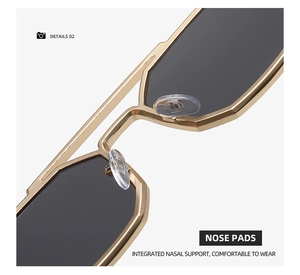 Macro detail of integrated silicone nose pads on gold steampunk polygon sunglasses