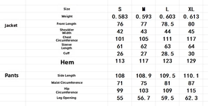 Detailed size chart for the lapel collar blazer and belted trousers two-piece outfit