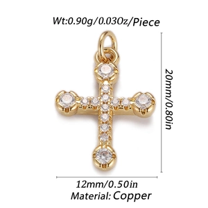Detail of gold-plated copper cross pendant with clear zircons including size and weight specs