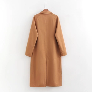 Women's camel long trench coat with open front and back slit design in loose casual fit