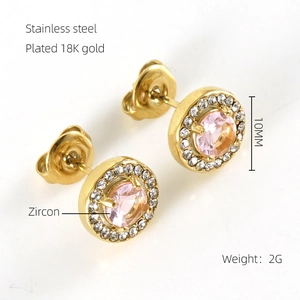 Detail of 10mm 18K gold plated stainless steel stud earrings with pink zircon stone