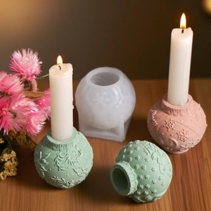 DIY silicone mold for round snowflake embossed candle holders with finished resin examples