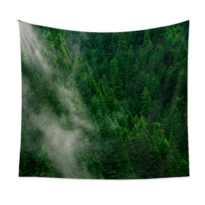 Nature forest landscape wall tapestry with dense green trees and soft morning sunlight