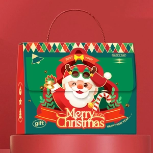 Festive Christmas gift box with Santa Claus print on red platform for holiday packaging