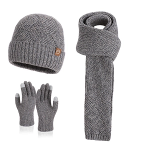 Winter knit set including beanie, scarf, and touch screen gloves in grey marl fabric