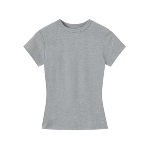 Close-up of gray modal short-sleeve T-shirt with fine knitted texture and crew neck detail