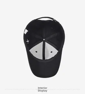 Internal view of a black baseball cap with reinforced stitching and star embroidery