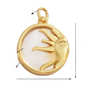 Detailed macro view of 16mm gold celestial sun pendant with white shell inlay and 5mm ring