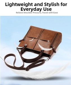 Close-up of brown vintage PU leather tote bag with double zipper pockets and handle