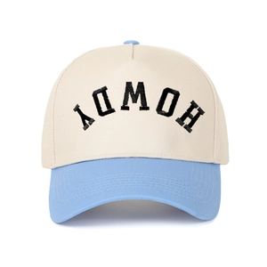 Detail view of Howdy embroidery on contrast cream and blue five-panel baseball cap