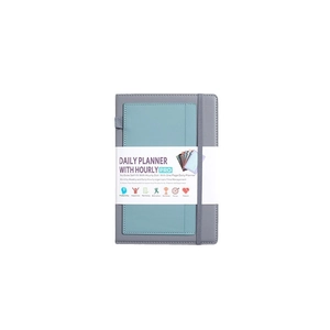 Undated daily planner with hourly schedule, grey cover, teal pocket and elastic strap