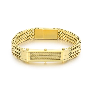 Bracciale da uomo in maglia intrecciata dorata con placca rettangolare testurizzata