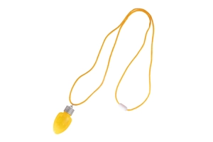 Macro detail of a yellow light bulb pendant necklace with matching cord and white clasp
