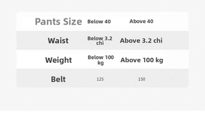 Tactical nylon belt size chart showing recommended lengths based on waist and weight