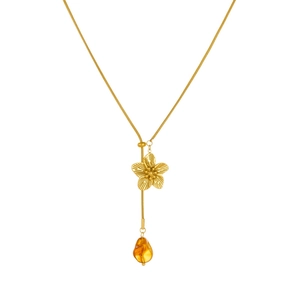 Gold camellia flower necklace with amber resin pendant and adjustable snake chain