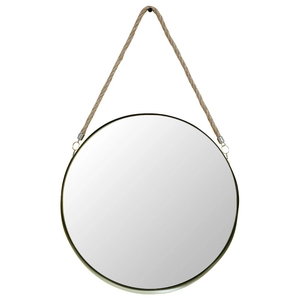 Noorse ronde wandspiegel met ijzeren frame en rustieke hennep touw ophanging wit vlak