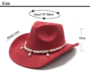 Detailed dimensions of the red western cowboy hat with pearls, size 57-58cm brim 8cm