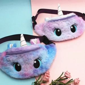 Cute unicorn plush waist bags with big eyes and silver horns for little girls