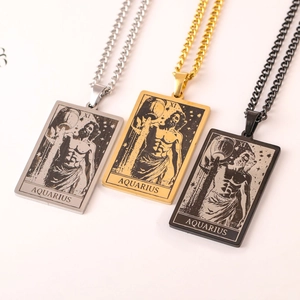 Detailed view of square Aquarius tarot pendants in silver, gold, and black steel