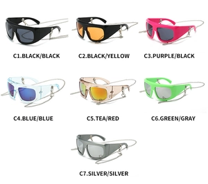Matrix display of Y2K oversized sunglasses in seven colors with metal chains