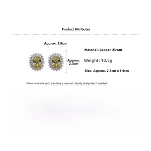 Detailed view of yellow zircon stud earrings with size specs and material info
