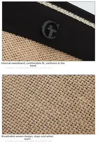 Detail of moisture-wicking sweatband and gold metal G-logo on woven straw hat