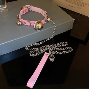 Macro view of pink leather choker featuring silver bells and a matching chain leash