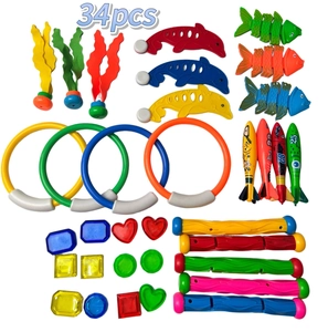 Comprehensive 34-piece diving toy set for pool featuring rings, sticks, and colorful gems