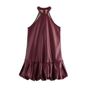 Dames PU Leren Halter Mini Jurk Mouwloos Ruches Zoom Rugloos Clubwear Partyjurk Elegant Wijnrood Mode