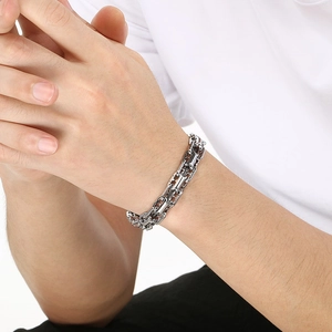 Bracelet chaîne groin de porc en acier inoxydable argenté pour homme style hip-hop