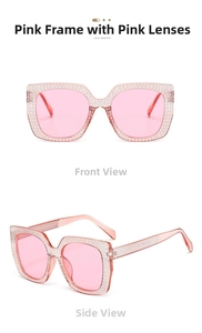 Detail of pink cat-eye sunglasses with crystal-studded frames and light pink lenses