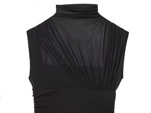 Detail of black sleeveless stand collar dress featuring sheer mesh and ruched texture