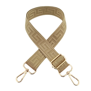 Adjustable khaki wide shoulder strap with geometric maze pattern and gold swivel hooks