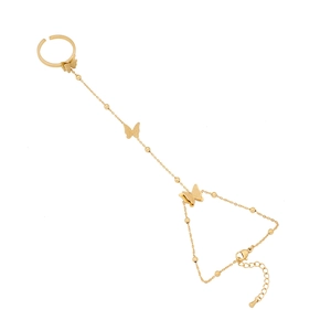 Gold butterfly ring bracelet link with polished charms and adjustable extension chain
