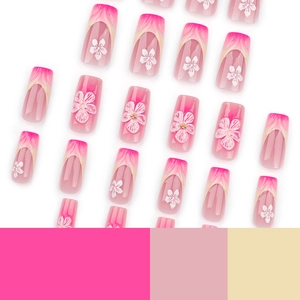 3D floral pink gradient press-on nails with small gold beads in a short square shape