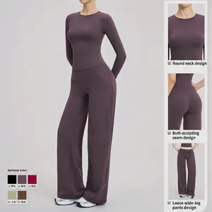 Women's 2-piece yoga set with slim long sleeve top and wide leg pants in dark grey