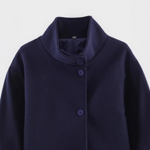 Women's navy wool blend jacket featuring a stylish stand collar and three matching buttons