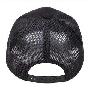 Rear view of black mesh trucker hat showing adjustable snapback closure and stitching