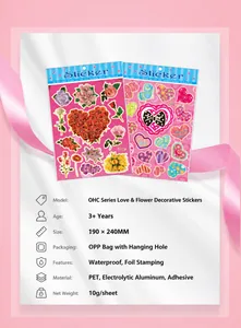 Detail of PET stickers with gold foil floral heart patterns and pink ribbon decor